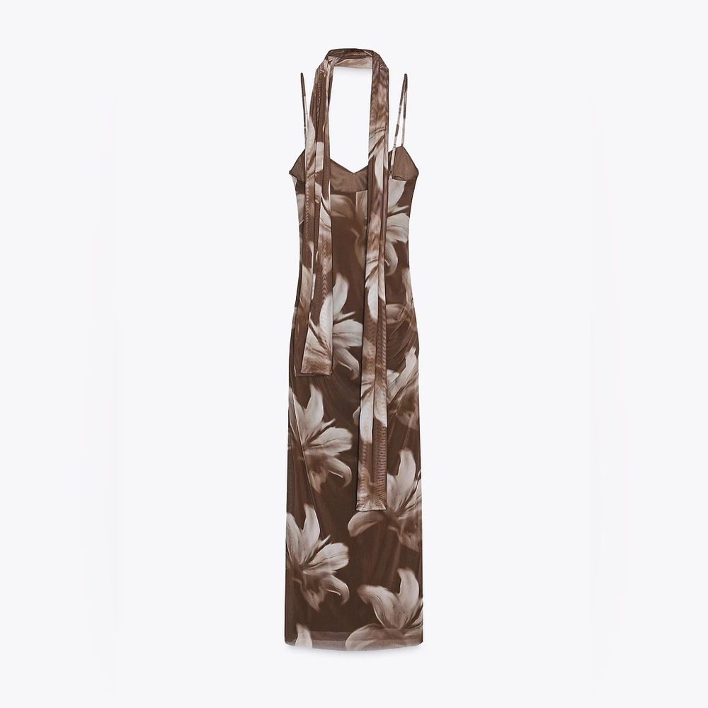 🆕(NWT) ZARA Bloggers Fav Tulle Print Midi Dress with Foulard Scarf. Size MEDIUM - Picture 12 of 15